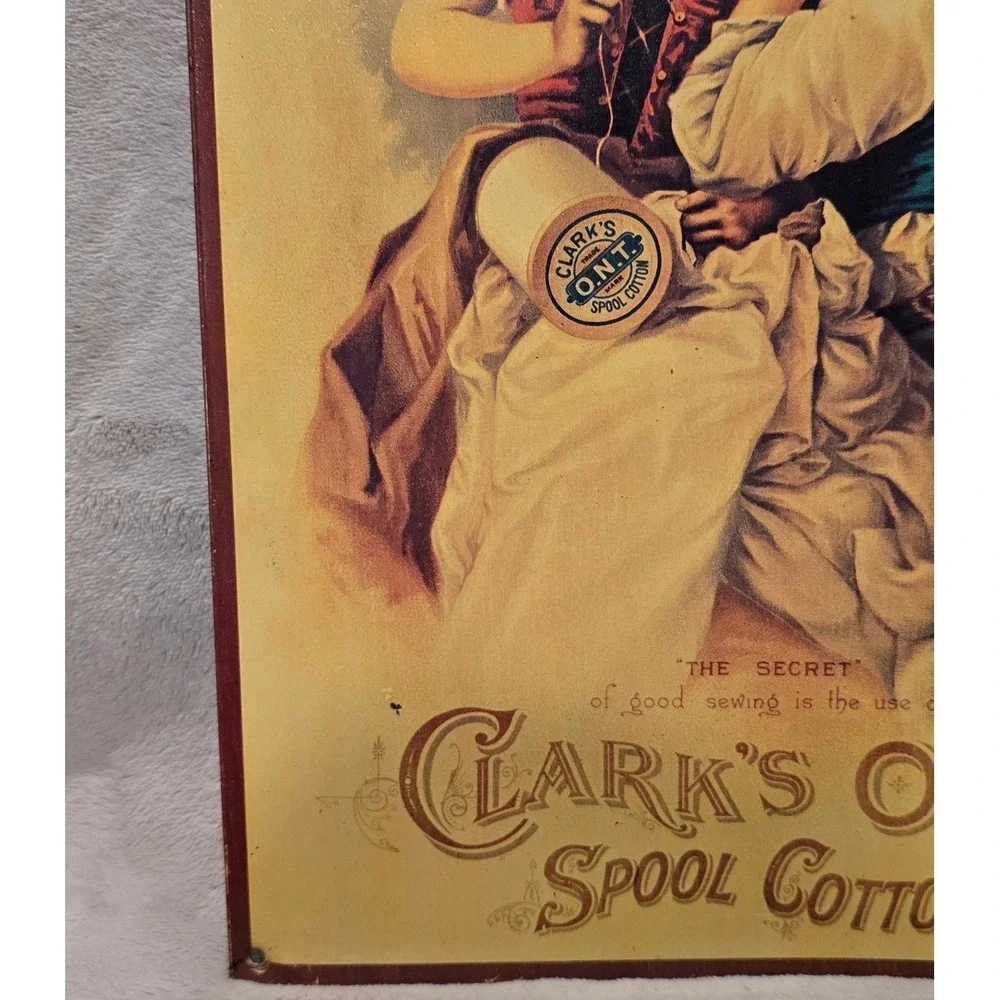 Vintage Clark's O.N.T. Spool Cotton Advertising Tin Sign Two Girls Whispering‎